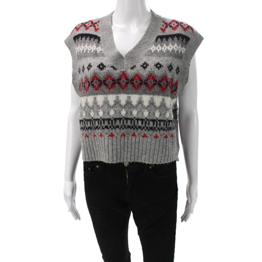 L'Academie Women Gray Fair Isle V-Neck Sleeveless Vest Acrylic Size XS